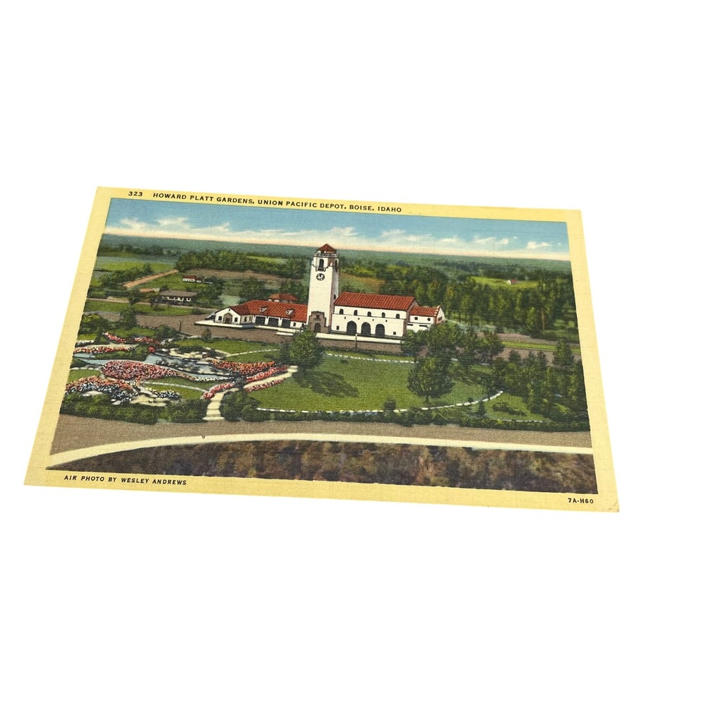 Vintage Howard Platt Gardens Union Pacific Depot‎ Boise Idaho Linen Postcard 323